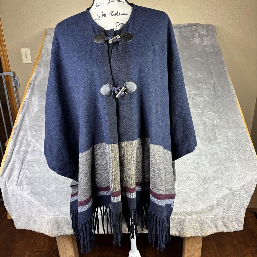 Tommy Hilfiger Poncho‎ Womens Medium Blue Striped Fringe Toggle Cape Wrap Fall
